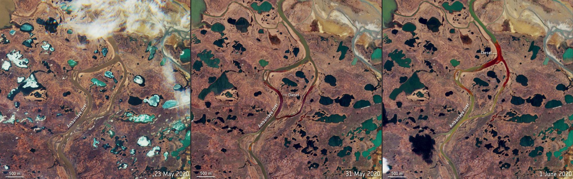 Le satellite Copernicus Sentinel-2 de l'agence spatiale européenne a saisi ces images de la propagation de la pollution sur la rivière Ambarnaïa depuis l'espace. 5 juin 2020. [AFP - European Space Agency]