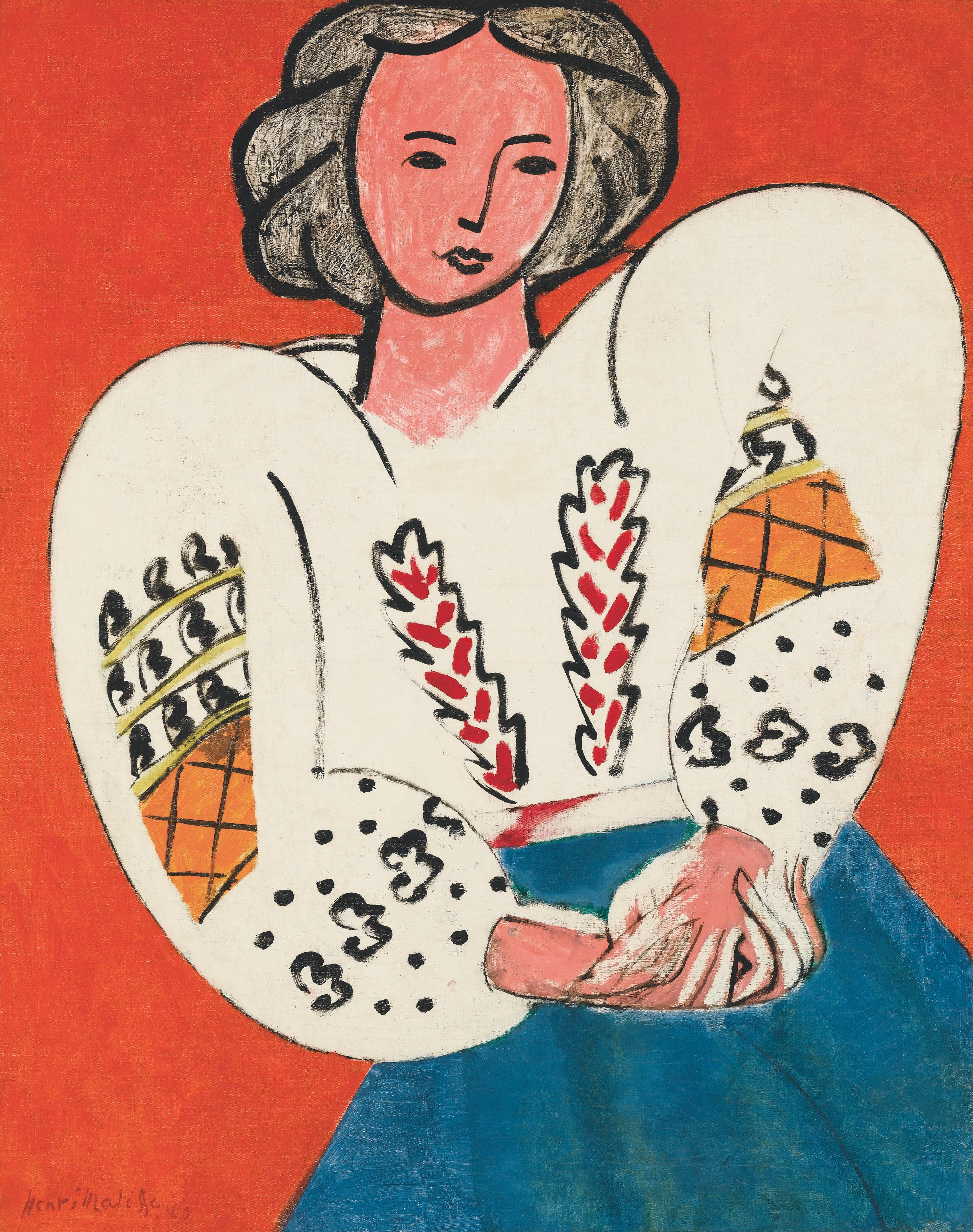 La Blouse roumaine de Henri Matisse (1940), huile sur toile présenté dans le cadre de l'exposition "Matisse, comme un roman" au Centre Pompidou à Paris. [Centre Pompidou, Mnam-Cci/Georges Meguerditchian - © Succession H.Matisse]