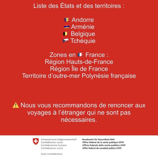 La nouvelle liste des zones à risques de la Confédération. [OFSP]