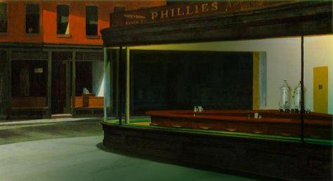 Dean Rohrer, "Depopulated Nighthawks at the Diner" (Edward Hopper). [DR]