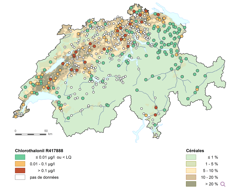 Le chlorothalonil R417888 dans les eaux souterraines du Plateau et de certaines grandes vallées. Concentration maximale par station de mesure NAQUA. LQ: limite de quantification analytique. Fondée sur les résultats de quelque 200 stations de mesure (étude pilote 2017/2018 et monitoring à long terme 2018). [OFEV]