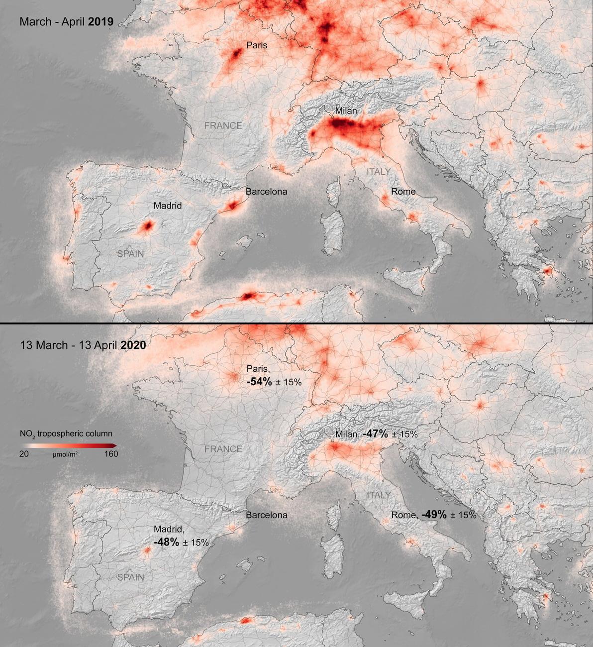 Ces deux images montrent les concentrations moyennes de dioxyde d'azote au-dessus de l'Europe en comparant la même période en 2019 et 2020. [Keystone - KNMI/ESA]