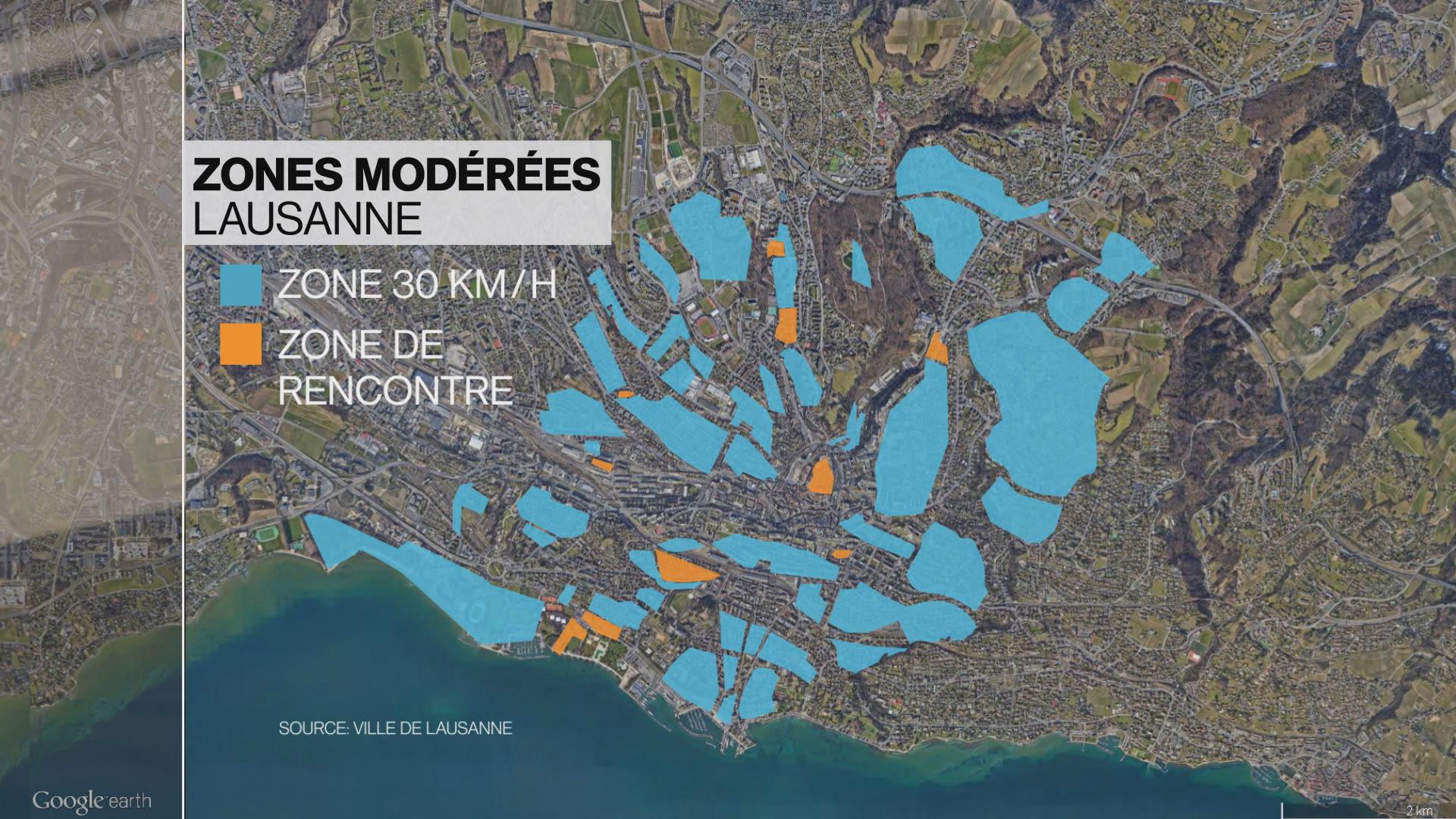 Les zones à 30km/h et zones de rencontre en ville de Lausanne. [. - DR]
