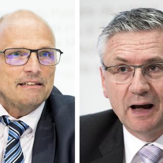 Alfred Heer (UDC/ZH) et Andreas Glarner (UDC/AR), candidats en lice pour la présidence de l'UDC. [Keystone]