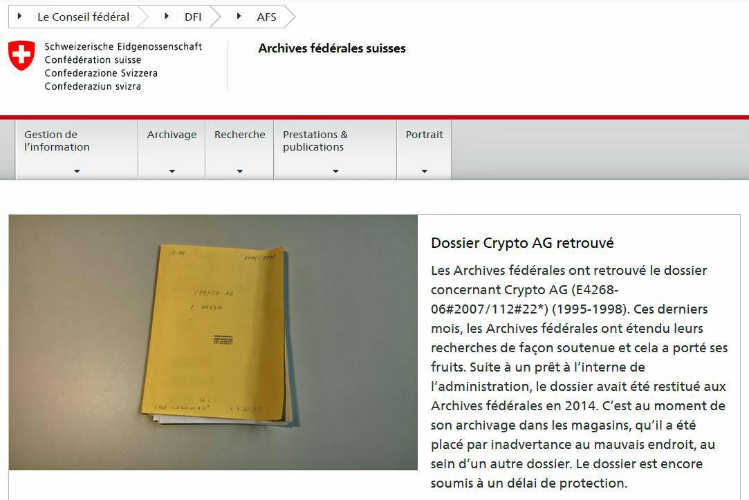 L'annonce sur la page d'accueil des Archives fédérales. [DR]