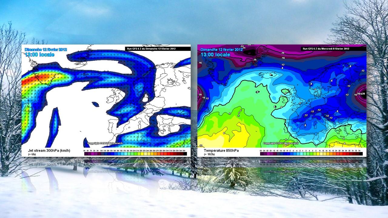 Position du jet-stream et températures à 850 hPa (1500 m) prévus par le modèles ECMWF le 12 février 2012 [GFS/meteociel.fr]