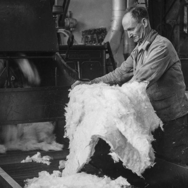 En 1946, dans l'usine de la société Internationale Verbandstofffabrik Neuhausen, le coton absorbant, nettoyé chimiquement, passe sur un tapis roulant à travers un énorme four pour y être séché. [KEYSTONE/PHOTOPRESS ARCHIVE - Hans Gerber]