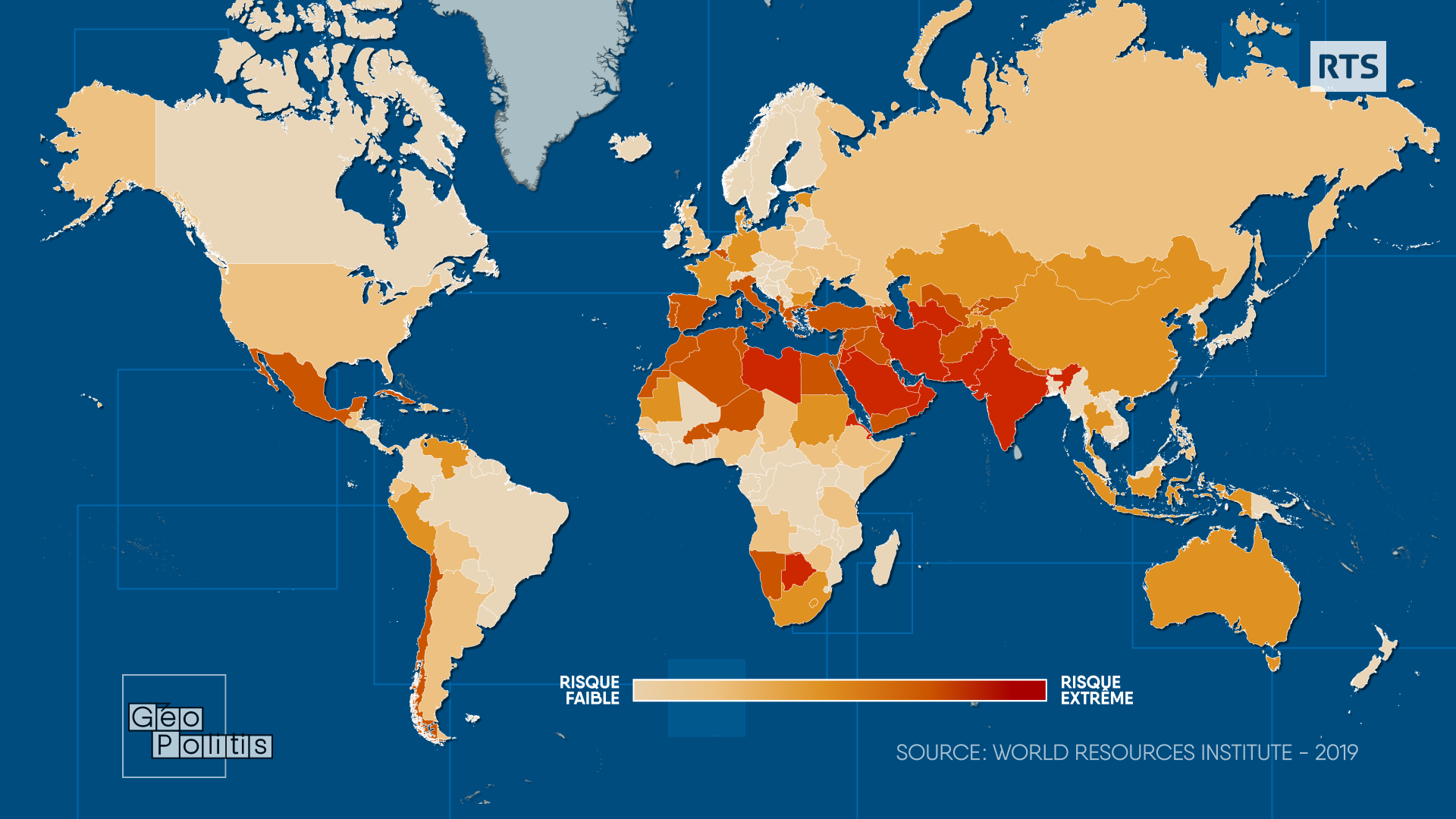 Risque de pénurie d'eau "extrêmement élevé" dans 17 pays. [RTS - Géopolitis]