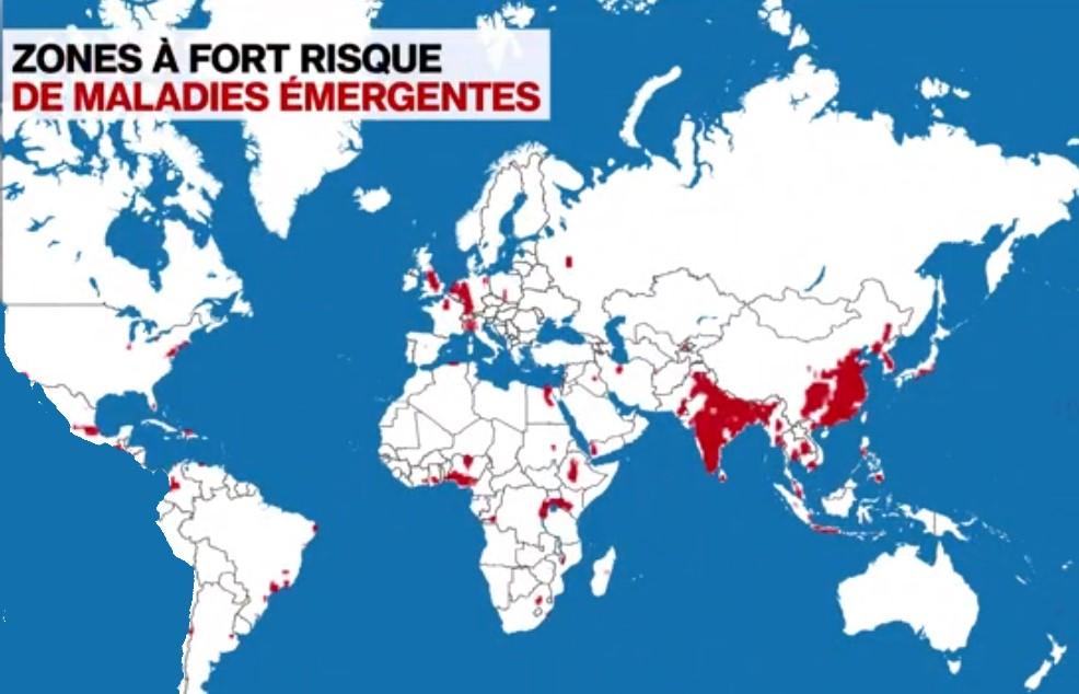 La carte des risques réunit plusieurs facteurs: activités humaines de modification du territoire (déforestation, urbanisation, agriculture et élevage intensifs) et la densité de la population. [RTS - Allen et al., Nature communications]