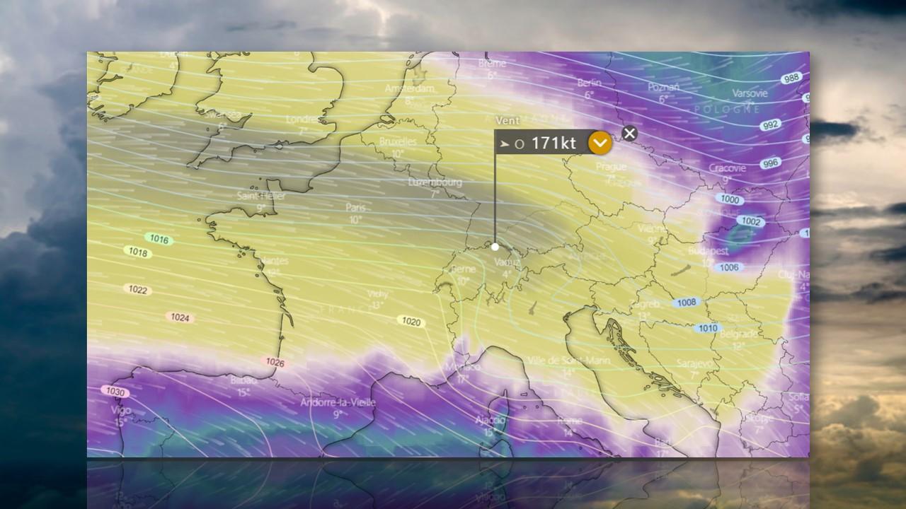 Tempête Ciara: position et force du jet stream le 10 février 2020 [ECMWF]