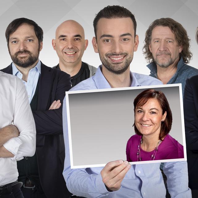 Les beaux parleurs du 22.03.2020: Benjamin Décosterd, Stephan Davidhofer, Carlos Henriquez, Jonas Schneiter, Gabriel Bender, Micheline Calmy-Rey et l'invitée, Carol Gachet. [RTS - Julien Audemars/Philippe Christin]