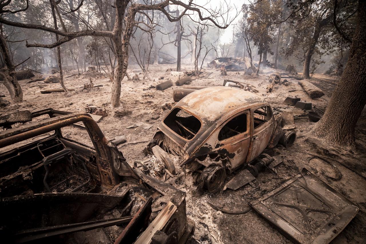 Des carcasses de voitures dans les Cascadel Woods, près de North Folk, dans la Forêt nationale de Sierra en Californie [Keystone/EPA - Etienne Laurent]