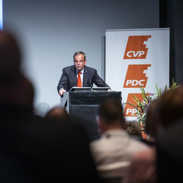 Gerhard Pfister, président du PDC, lors de l'assemblée de délégués, le 5 septembre 2020 à Baden (AG). [Keystone - Alexandra Wey]