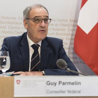 Guy Parmelin à Berne, 01.04.2020. [Keystone - Alessandro della Valle]