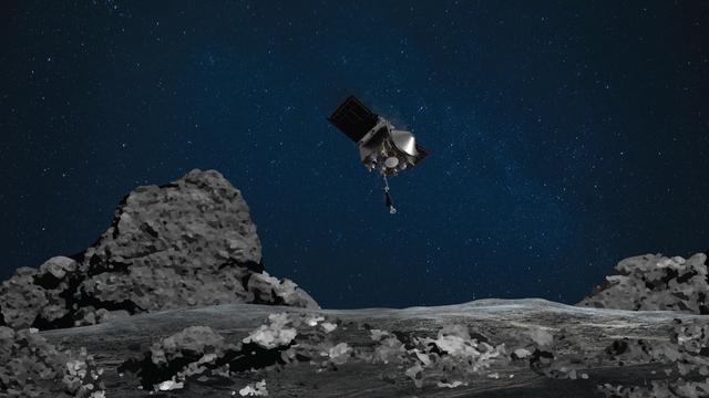 Cette photo d'illustration montre l'approche de la sonde Osiris sur l'astéroïde Bennu. [Keystone - EPA/NASA/Goddard/University of Arizona]