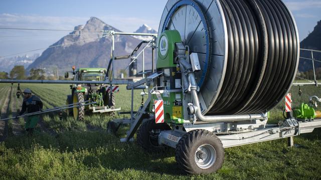 Les agriculteurs doivent déjà commencer à arroser les champs (ici à Baz Ragaz). [Keystone - Gian Ehrenzeller]