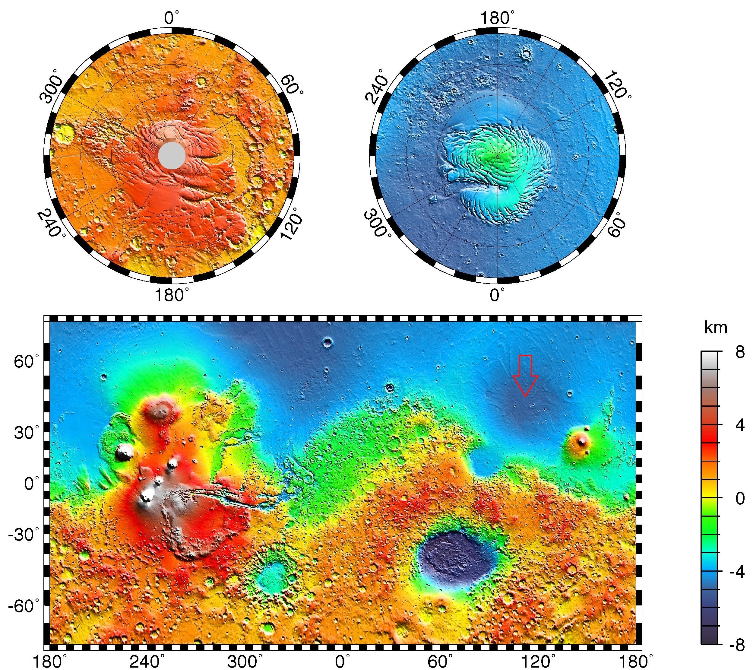 La sonde chinoise doit se poser dans l'hémisphère nord de la planète Mars, composé de plaines basses et sans relief (zones en bleu). Le site d'Utopia Planitia (flèche rouge), qui a vu atterrir Viking 2, a été sélectionné. [Domaine public - NASA / JPL / USGS]