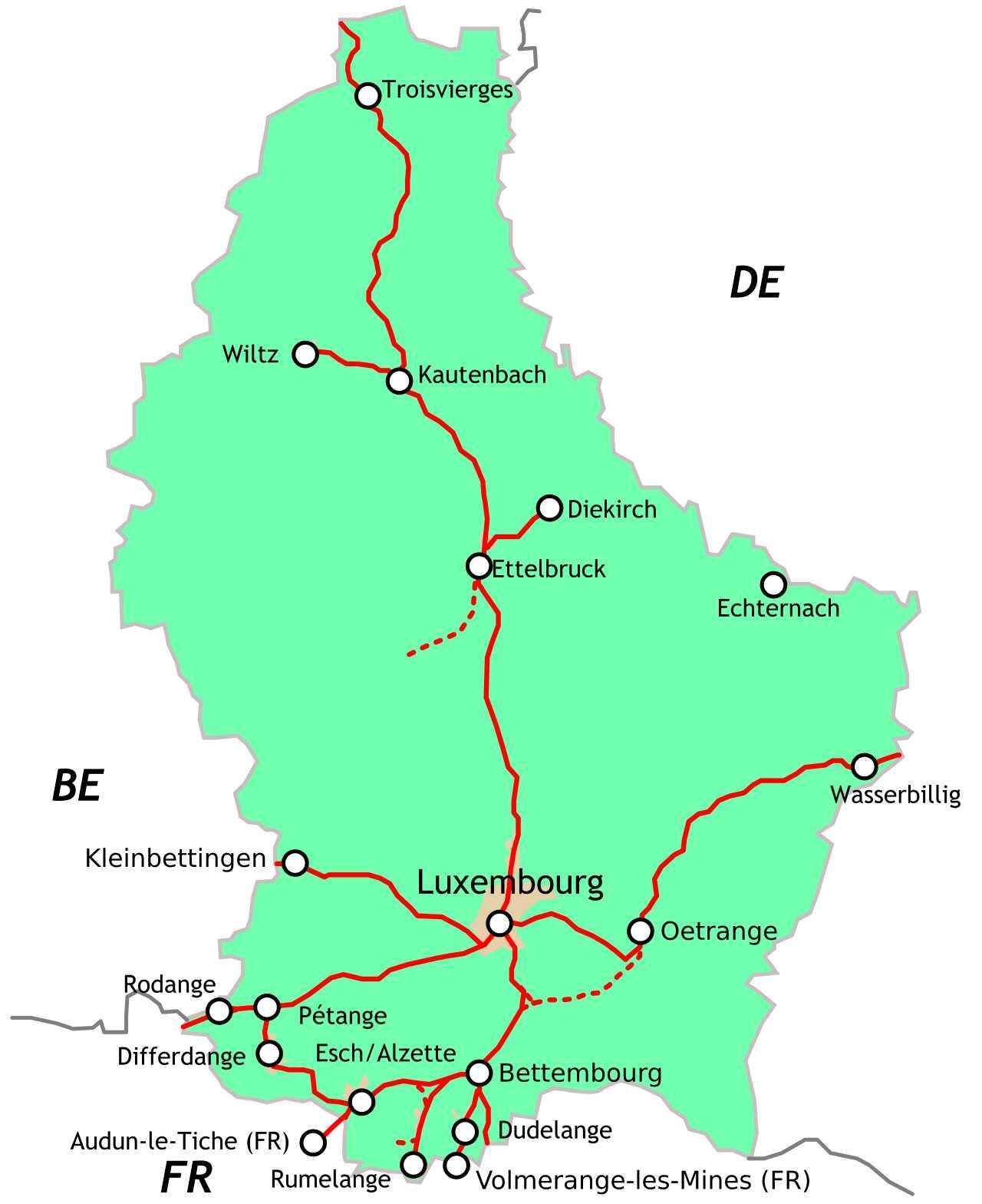 Le réseau ferré luxembourgeois compte 275 km de lignes [CC BY-SA 3.0 - CFL/Pbech/Michiel1972/Lyon-St-Clair]