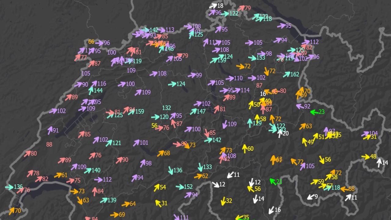 Tempête Ciara: rafales mesurées par le 10 février 2020 à 12h locales [Météosuisse]