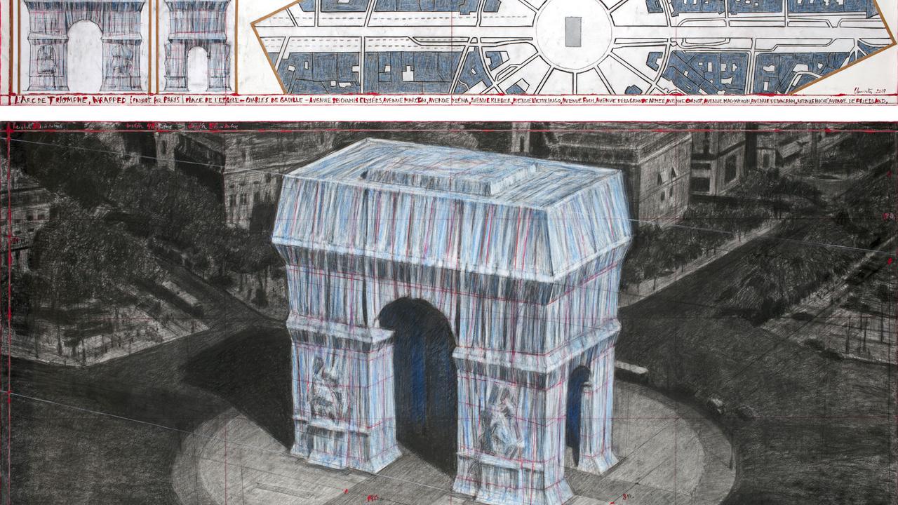 Dessins préparatoires pour l'emballage de l'Arc de Triomphe, à Paris, prévu par l'artiste Christo. [AFP - Andre GROSSMANN]