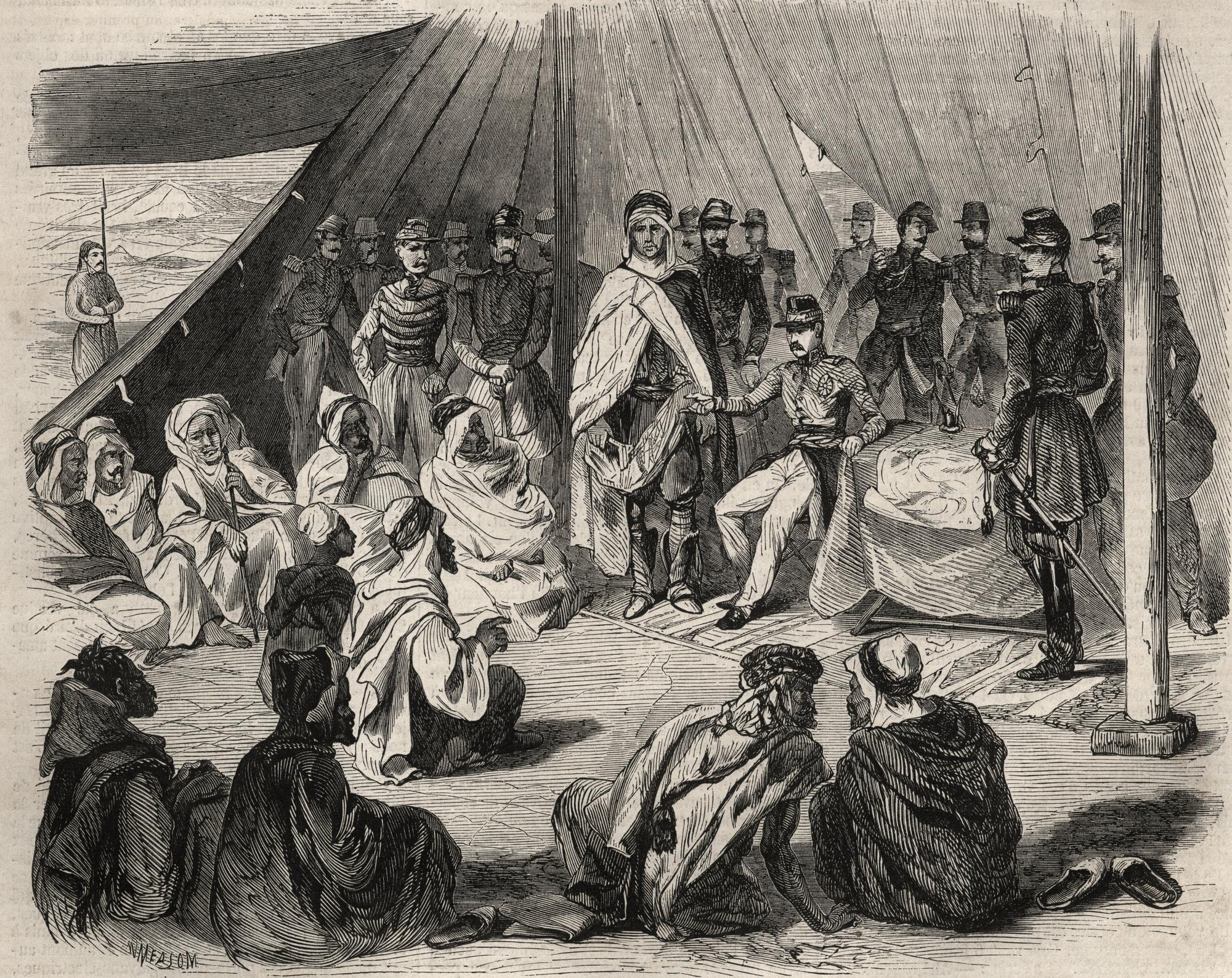 Gravure dans "Le Monde illustré" de 1857 montrant la conquête de l'Algérie: expédition en grande Kabylie en 1857. Soumission de la tribu Kabyle de Beni-Raten par l'armée française. [AFP]