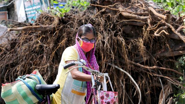 Une passante devant un arbre déraciné, dans la ville de Calcutta en Inde, après le passage du typhon Amphan, le 22 mai 2020. [EPA/Keystone - Piyal Adhikary]