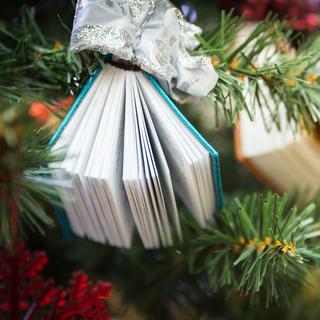 Des livres qui pendent sur un sapin de Noël. [Depositphotos - mariakray]