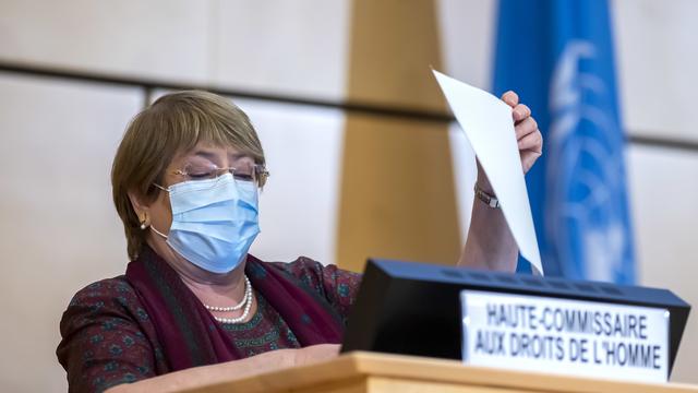 Michelle Bachelet, haute-commissaire aux droits de l'Homme, lors de l'ouverture de la 45e session du Conseil. Genève, le 14 septembre 2020. [Keystone/pool - Martial Trezzini]