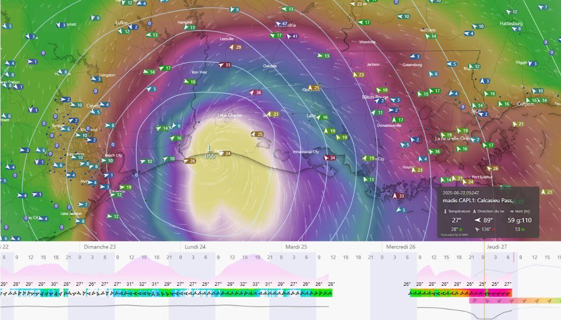 L'ouragan Laura a touché terre en Louisiane. [NWS/NOAA/windy.com]