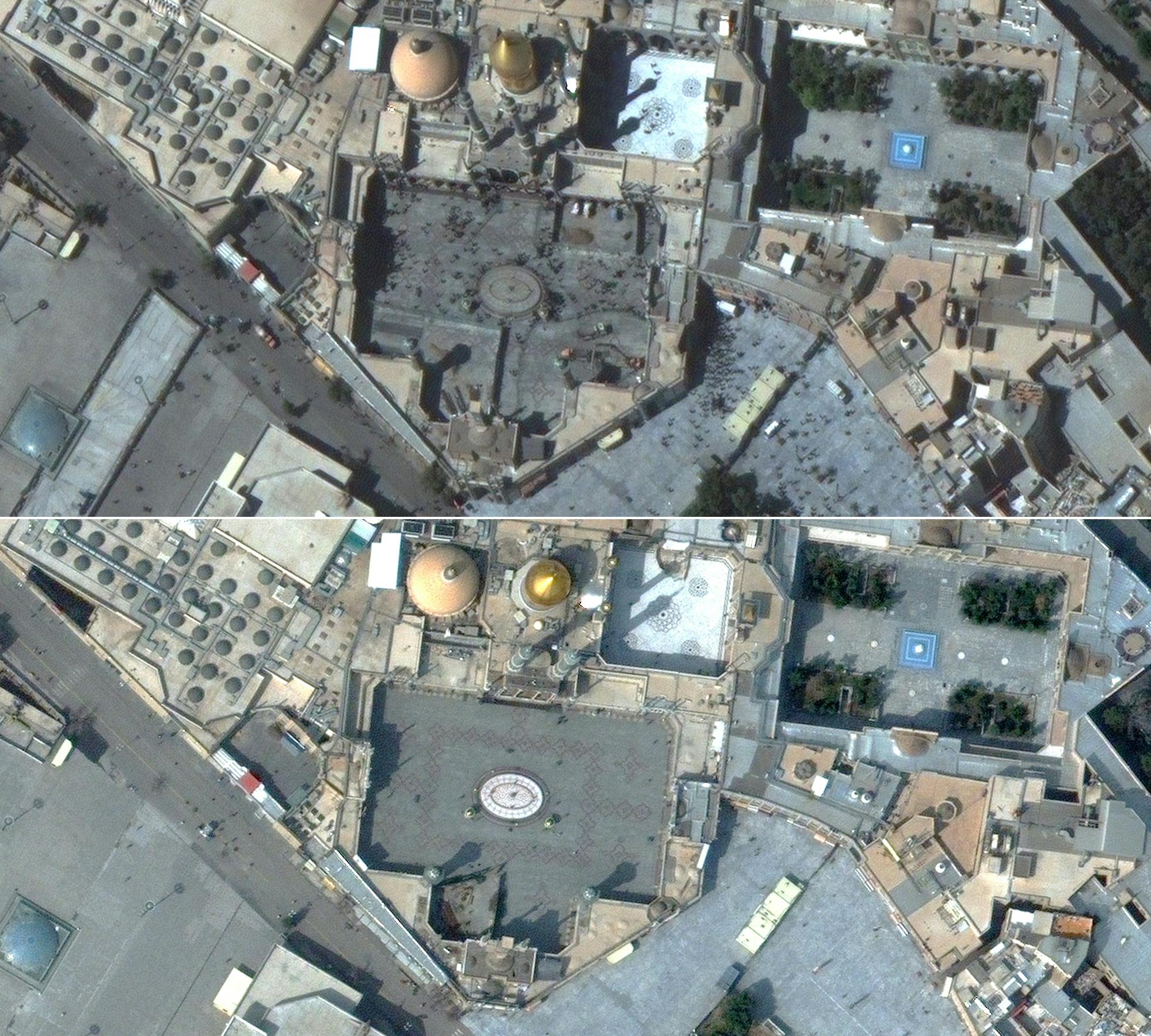 Le sanctuaire de Fatima Ma'sumeh à Qom (Iran) le 25 septembre 2019, puis le 5 mars 2020 [AFP - Maxar Technologies]