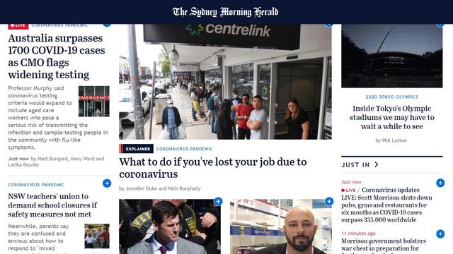 La Une du site du Sydney Morning Herald, lundi 23.03.2020. [DR]