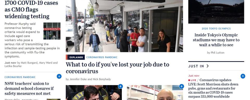 La Une du site du Sydney Morning Herald, lundi 23.03.2020. [DR]