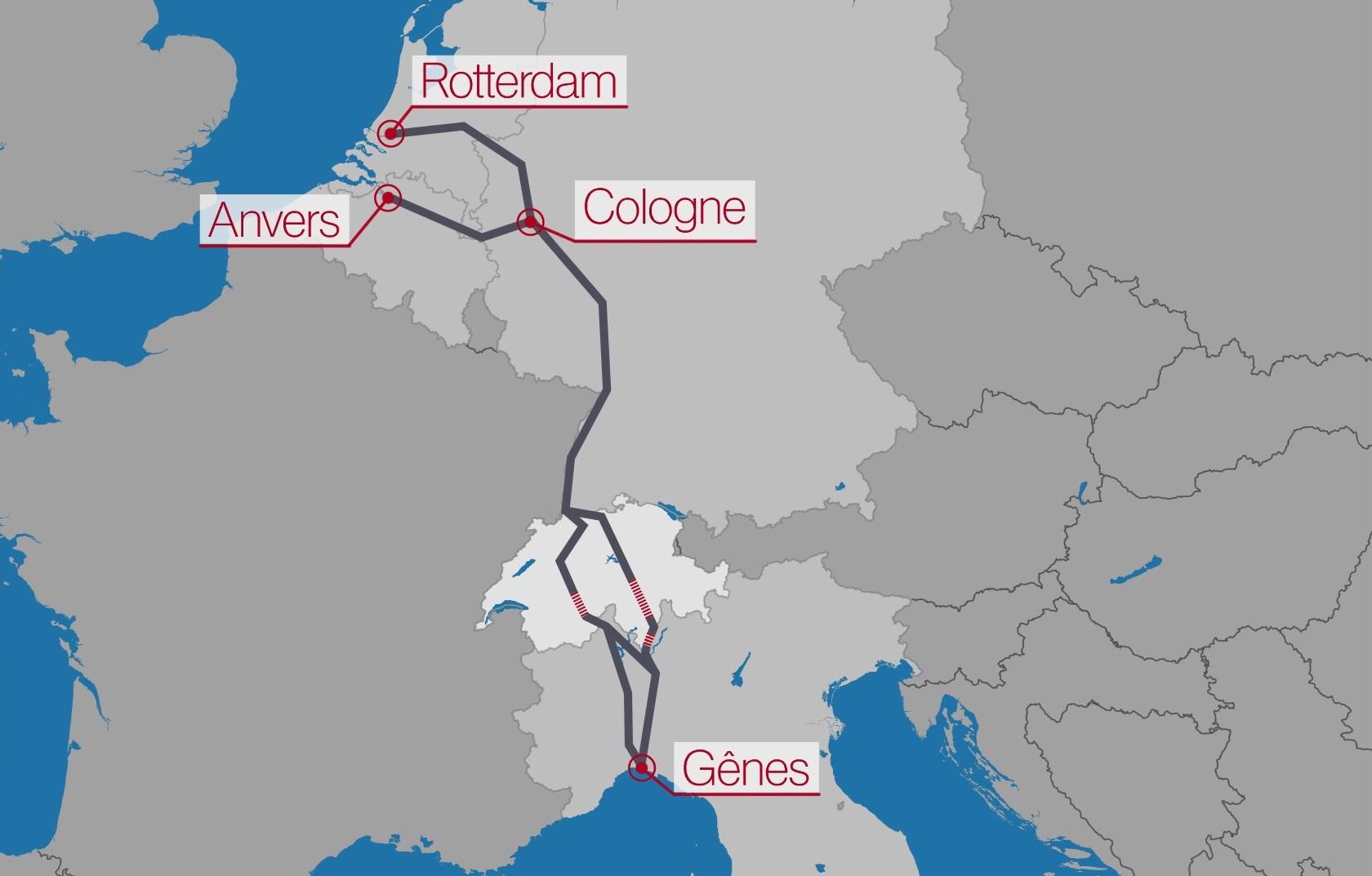 Carte de l'axe Nord-Sud du réseau ferroviaire européen. [RTS]