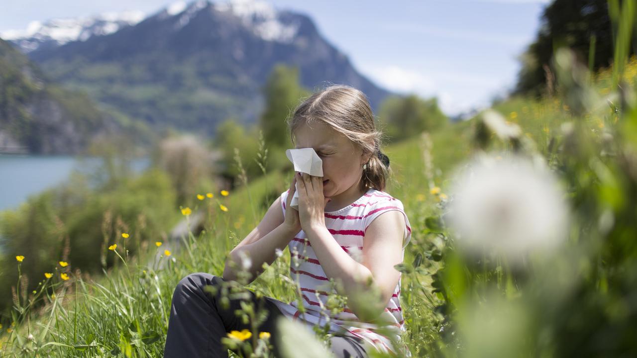 Une fillette éternue dans son mouchoir, au milieu d'une prairie fleurie. [Keystone - Gaetan Bally]