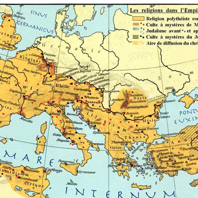 Répartition et évolution des religions du IIIe au VIIe siècle dans l'Empire romain. [wikipédia - Spiridon Ion Cepleanu]