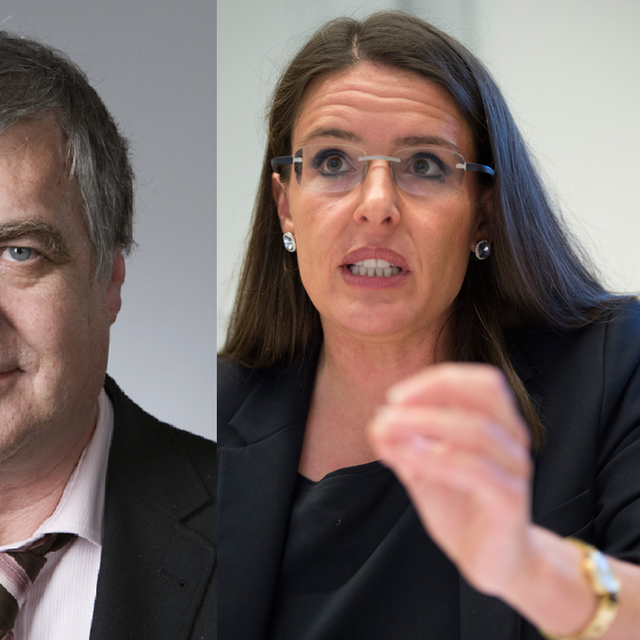 Débat entre Jean-Claude Rennwald, ancien conseiller national et ancien membre de la direction du syndicat Unia, et Anne Caroline Graber, députée UDC au Grand Conseil Bernois. [Lukas Lehmann/Gian Ehrenzeller]