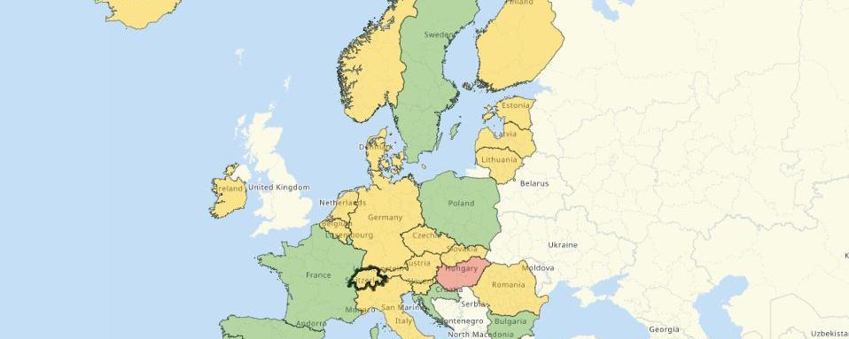 Le Centre européen de prévention et de contrôle des maladies (ECDC) mettra à jour la carte commune des pays européens par couleurs en fonction des taux de contamination au Covid-19. [https://reopen.europa.eu]