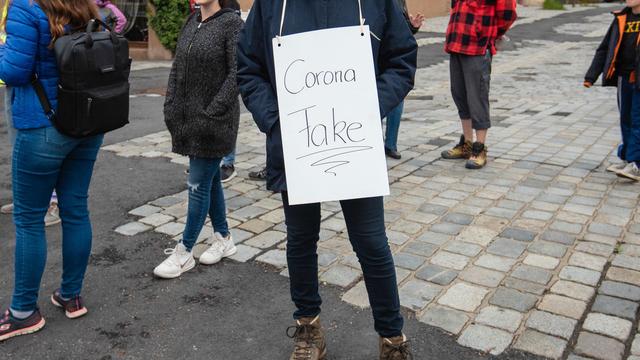 Un manifestant en Allemagne avec un panneau "Corona Fake". [Keystone - Nicolas Armer]