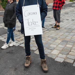 Un manifestant en Allemagne avec un panneau "Corona Fake". [Keystone - Nicolas Armer]