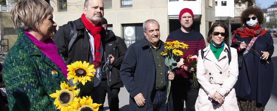 Les candidats de la gauche à l'exécutif de Genève, réunis après les premiers résultats dimanche 15.03.2020. [Keystone - Salvatore Di Nolfi]