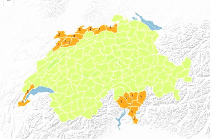 La carte "canicule" a été mise à jour et élargie dimanche. [Météo Suisse]