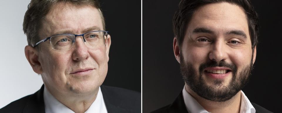 Les conseillers nationaux Albert Rösti et Cédric Wermuth. [Keystone - Gaëtan Bally]