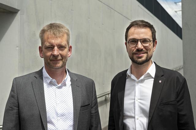 Les deux candidats démocrates-chrétiens Stéphane Babey (gauche) et Martial Courtet. [PDC Jura]