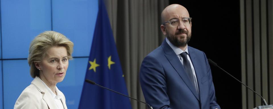 La présidente de la Commission européenne, Ursula von der Leyen, et celui du Conseil européen, Charles Michel, après leur rencontre avec le président Erdogan, le 9 mars 2020. [EPA/Keystone - Olivier Hoslet]