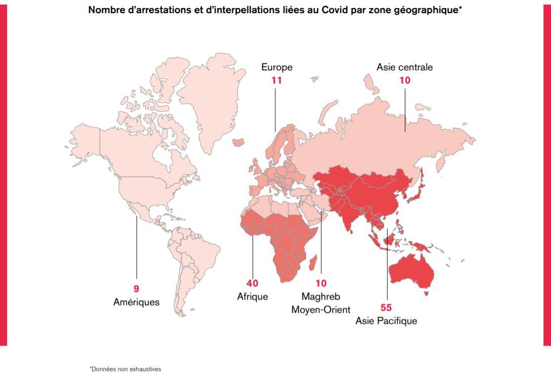 Nombre d'arrestations et d'interpellations liées au Covid-19 par zone géographique. [Reporters Sans Frontières]