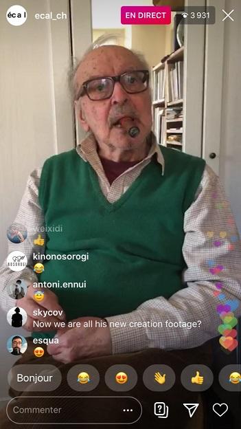 Capture d'écran de Jean-Luc Godard en discussion sur l'Instagram de l'ECAL, le 7 avril 2020. [RTS - https://www.instagram.com/ecal_ch/]