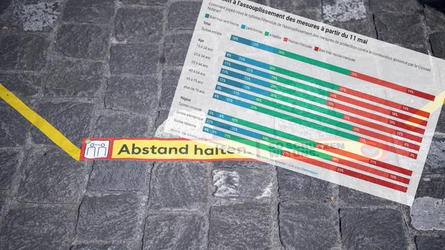 Attention à la distance, rappelle cet autocollant sur les bords de la Reuss à Lucerne. [Keystone - Urs Flueeler]