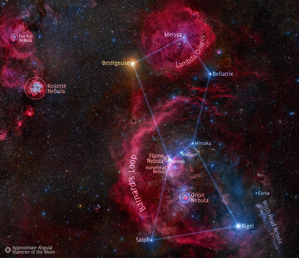 La constellation d'Orion et ses nébuleuses. En haut à gauche, l'étoile très brillante est la supergéante rouge Bételgeuse. [NASA - Stanislav Volskiy/Judy Schmidt]