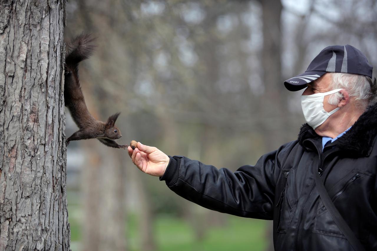 Un agent de sécurité nourrit un écureuil dans un parc de Sofia, Bulgarie [Reuters - Dimitar Kyosemarliev]