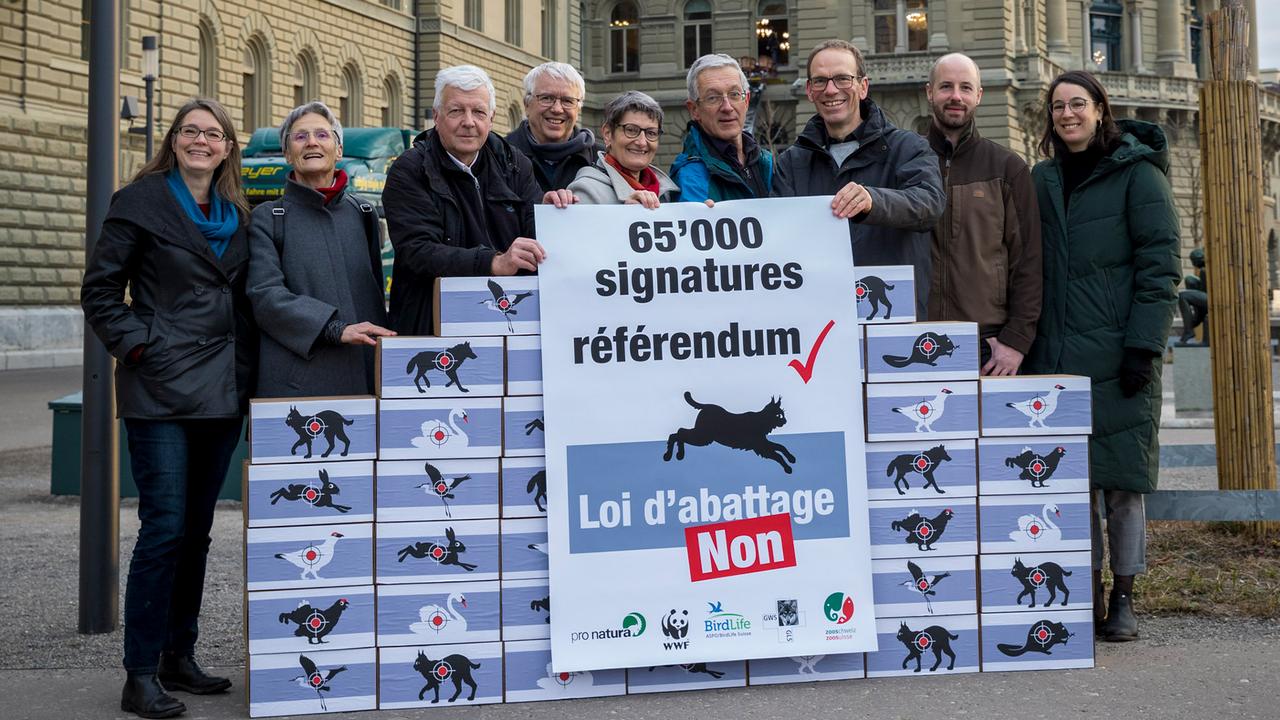 Les opposants au projet adopté en septembre par les Chambres fédérales ont remis lundi 13 janvier à la Chancellerie fédérale, à Berne, 65'000 signatures authentifiées par les communes. [ProNatura - Daniel Rihs]